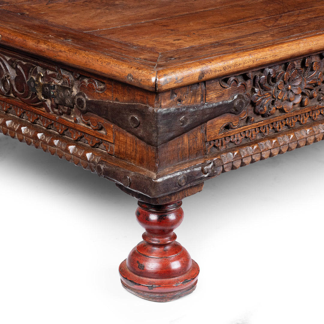 Corner Detail From Bijou Antique Gujarati Takhat Coffee Table In Carved Teak | Indigo Antiques