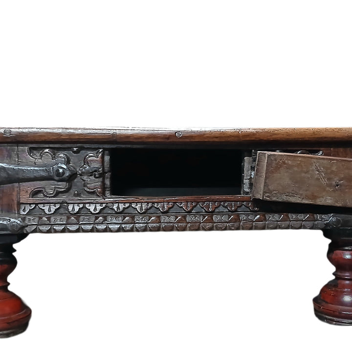Compartment Detail From Bijou Antique Gujarati Takhat Coffee Table In Carved Teak | Indigo Antiques