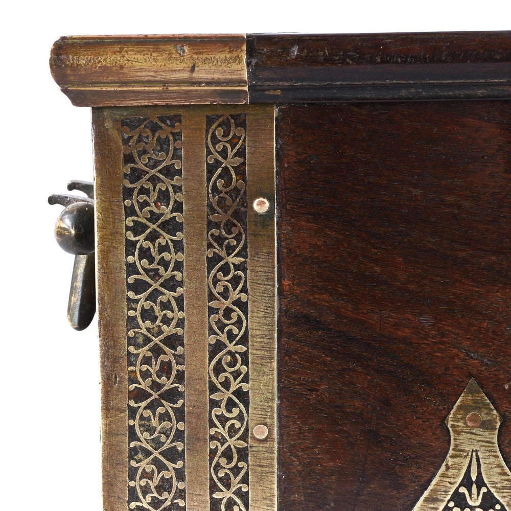 Corner Detail From Early 19th Century Gujarati Rosewood Strongbox With Damascened Brass Inlay And Compartmented Interior | Indigo Antiques