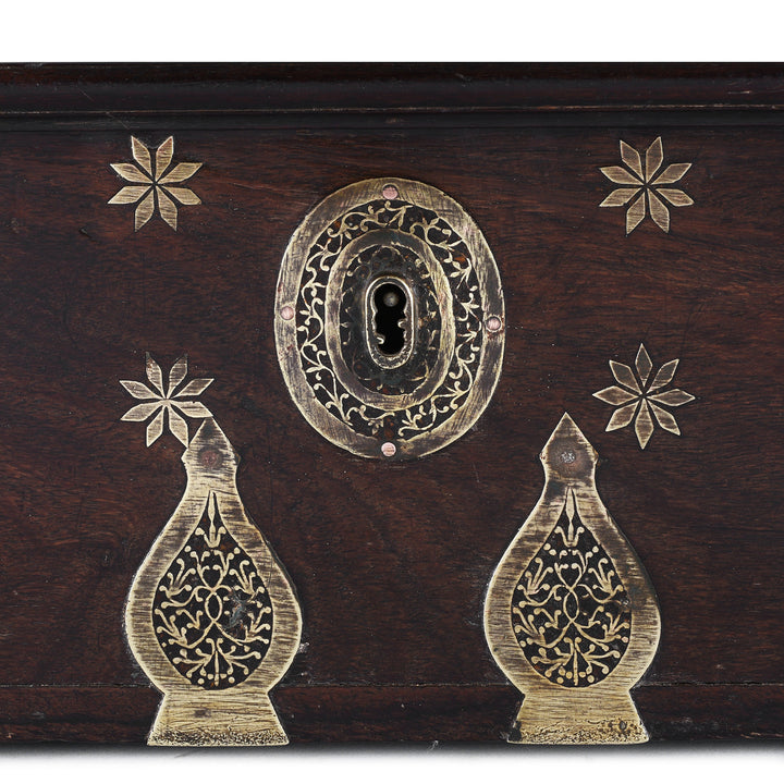 Lock Detail From Early 19th Century Gujarati Rosewood Strongbox With Damascened Brass Inlay And Compartmented Interior | Indigo Antiques