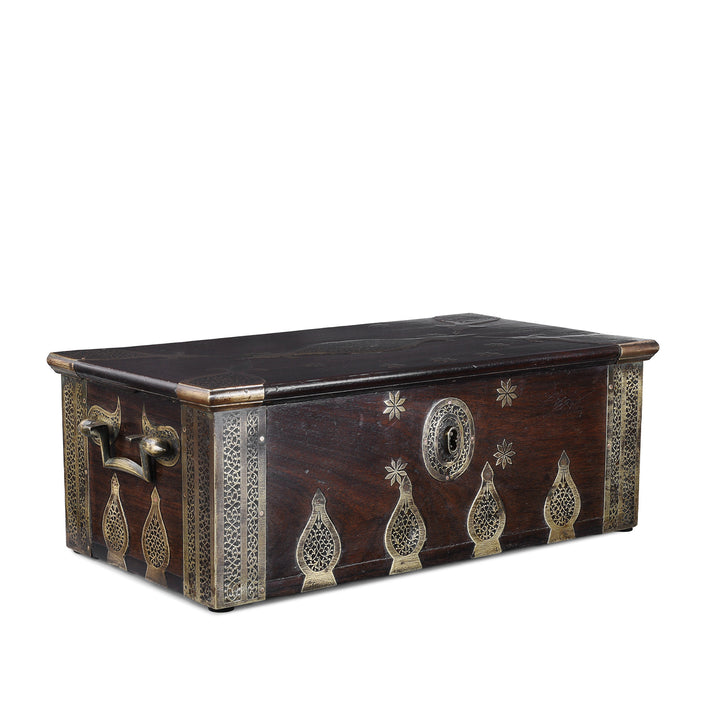 Angled VIew Of Early 19th Century Gujarati Rosewood Strongbox With Damascened Brass Inlay And Compartmented Interior | Indigo Antiques