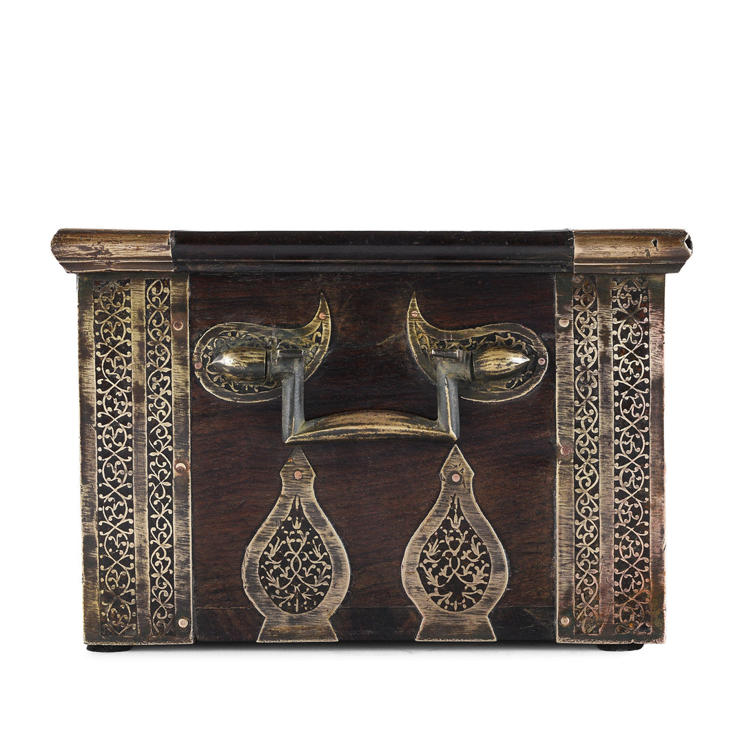 End View Of Early 19th Century Gujarati Rosewood Strongbox With Damascened Brass Inlay And Compartmented Interior | Indigo Antiques