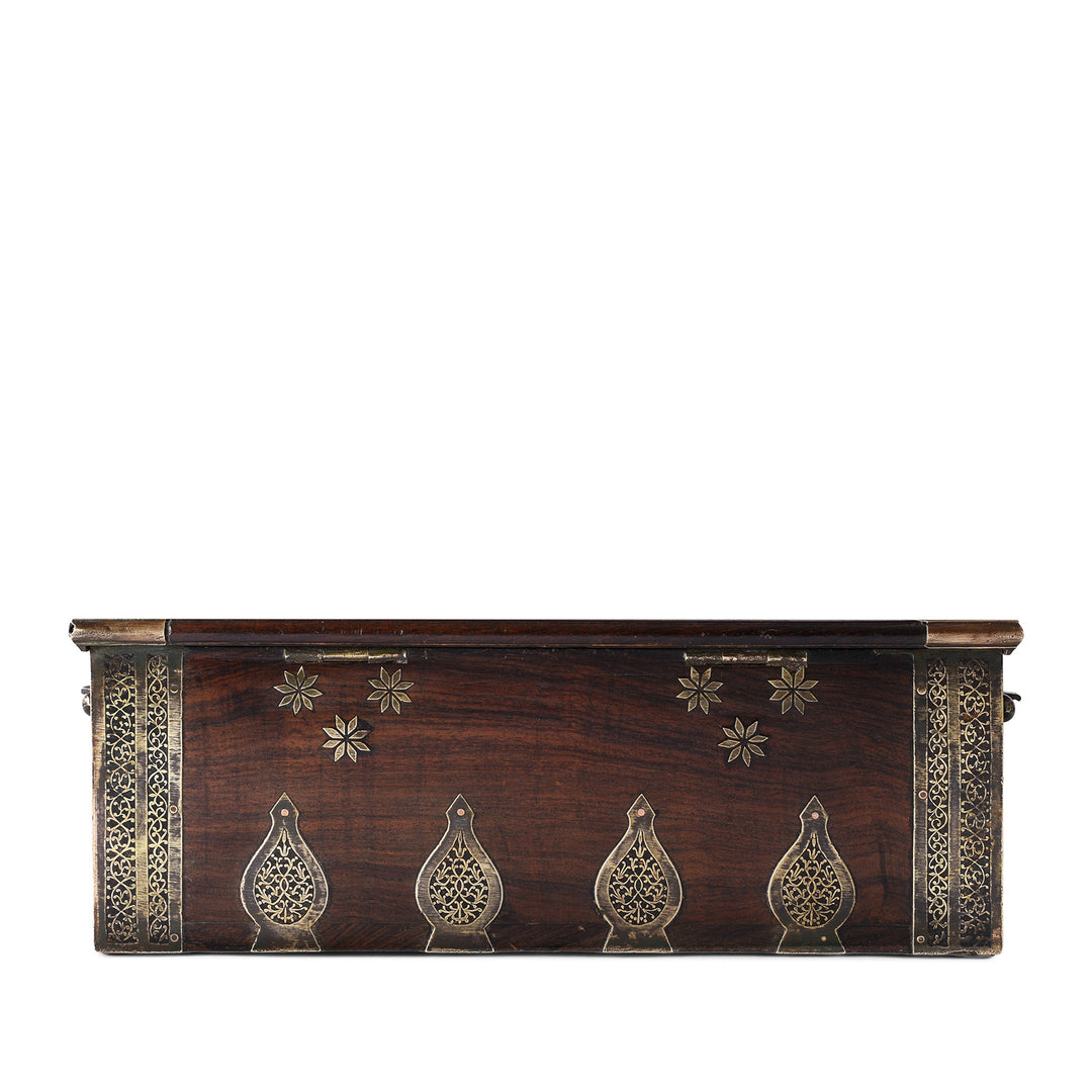 Back Of Early 19th Century Gujarati Rosewood Strongbox With Damascened Brass Inlay And Compartmented Interior | Indigo Antiques