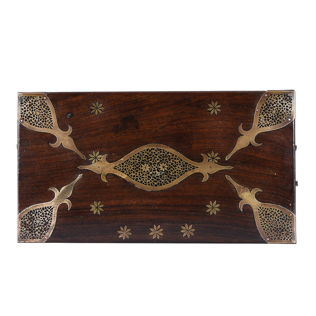 Top Down View Of Early 19th Century Gujarati Rosewood Strongbox With Damascened Brass Inlay And Compartmented Interior | Indigo Antiques