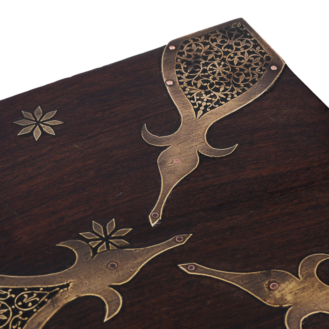 Detail From Top Of Early 19th Century Gujarati Rosewood Strongbox With Damascened Brass Inlay And Compartmented Interior | Indigo Antiques