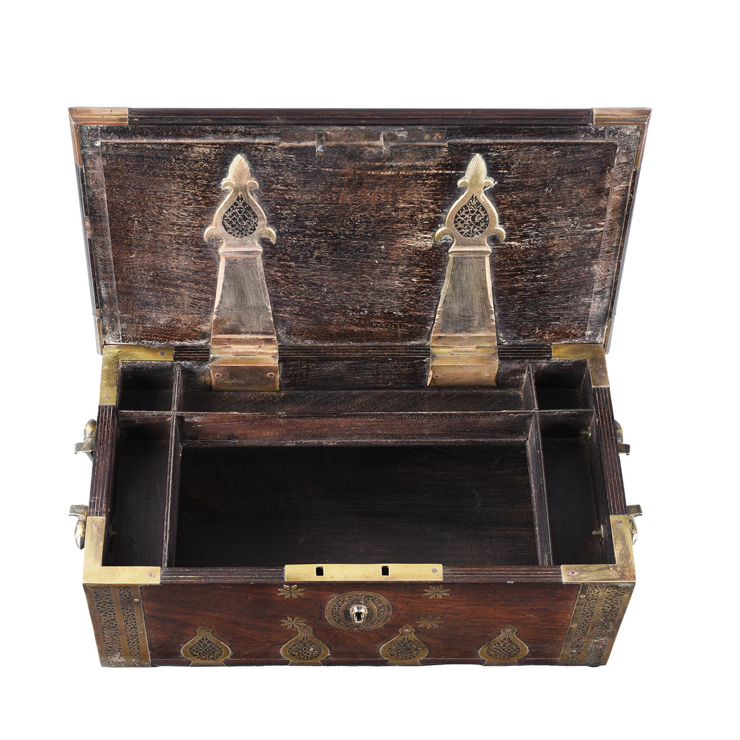 Interior Of Early 19th Century Gujarati Rosewood Strongbox With Damascened Brass Inlay And Compartmented Interior | Indigo Antiques