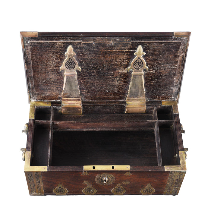 Interior Of Early 19th Century Gujarati Rosewood Strongbox With Damascened Brass Inlay And Compartmented Interior | Indigo Antiques