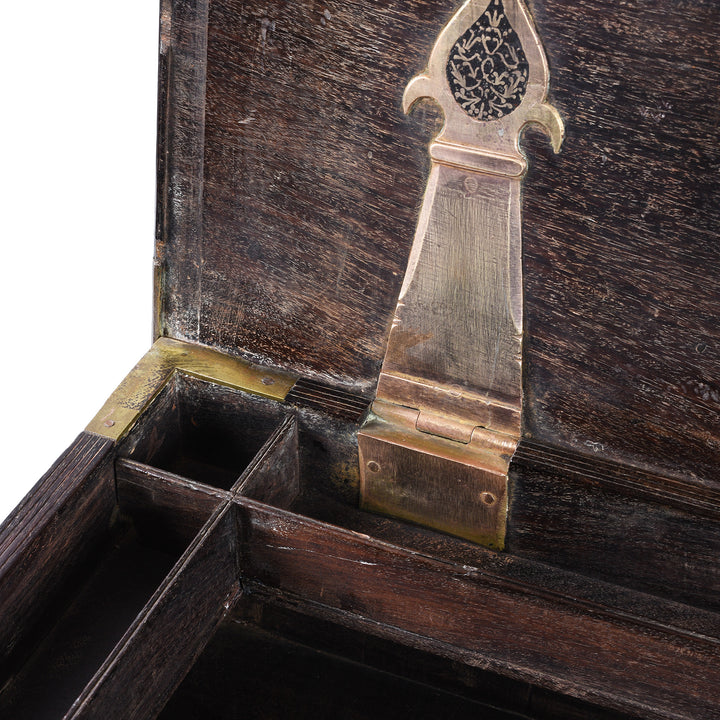 Compartment And Hinge Detail From Early 19th Century Gujarati Rosewood Strongbox With Damascened Brass Inlay And Compartmented Interior | Indigo Antiques