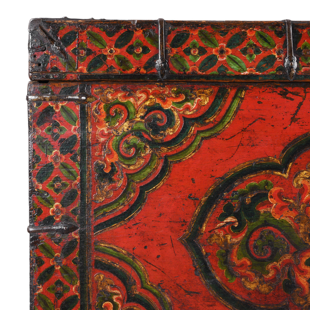 Corner Detail From Decorative Eighteenth Century Central Tibetan Monastic Chest With Three Jewels Motif And Original Stand | Indigo Antiques