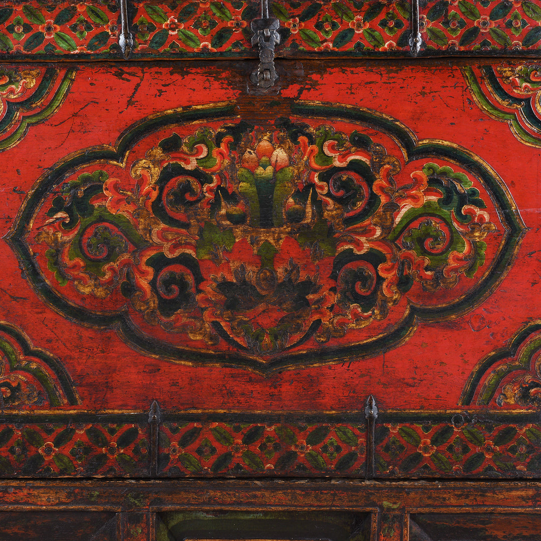 Central Design Detail From Decorative Eighteenth Century Central Tibetan Monastic Chest With Three Jewels Motif And Original Stand | Indigo Antiques