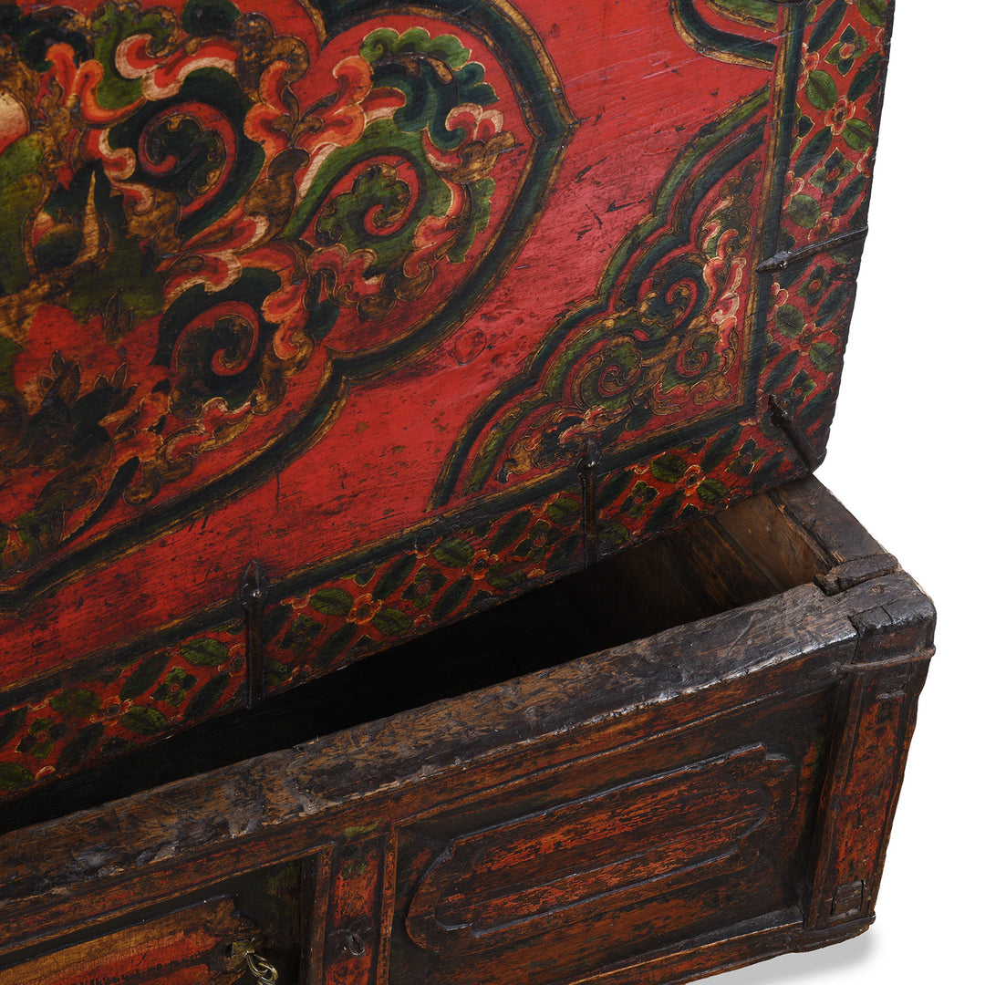 Detail From Decorative Eighteenth Century Central Tibetan Monastic Chest With Three Jewels Motif And Original Stand | Indigo Antiques