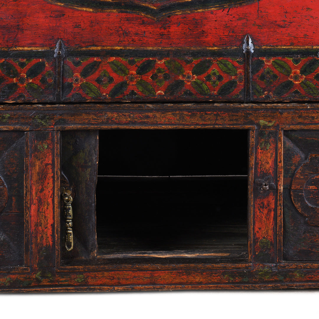 Interior Compartment Detail From Decorative Eighteenth Century Central Tibetan Monastic Chest With Three Jewels Motif And Original Stand | Indigo Antiques