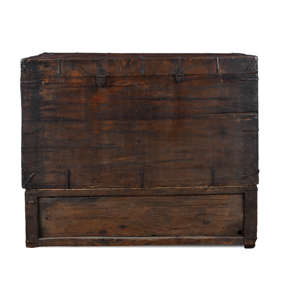 Back Of Decorative Eighteenth Century Central Tibetan Monastic Chest With Three Jewels Motif And Original Stand | Indigo Antiques