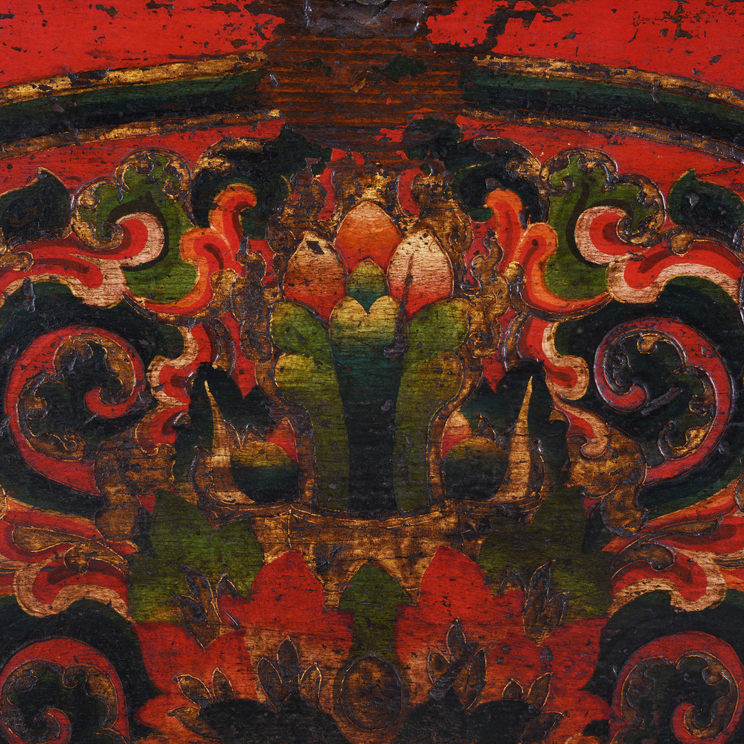 Jewel Detail From Decorative Eighteenth Century Central Tibetan Monastic Chest With Three Jewels Motif And Original Stand | Indigo Antiques