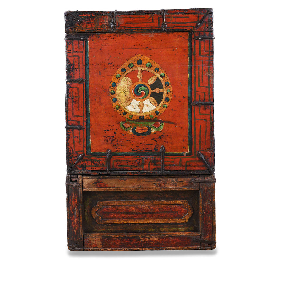 Side VIew Of Decorative Eighteenth Century Central Tibetan Monastic Chest With Three Jewels Motif And Original Stand | Indigo Antiques