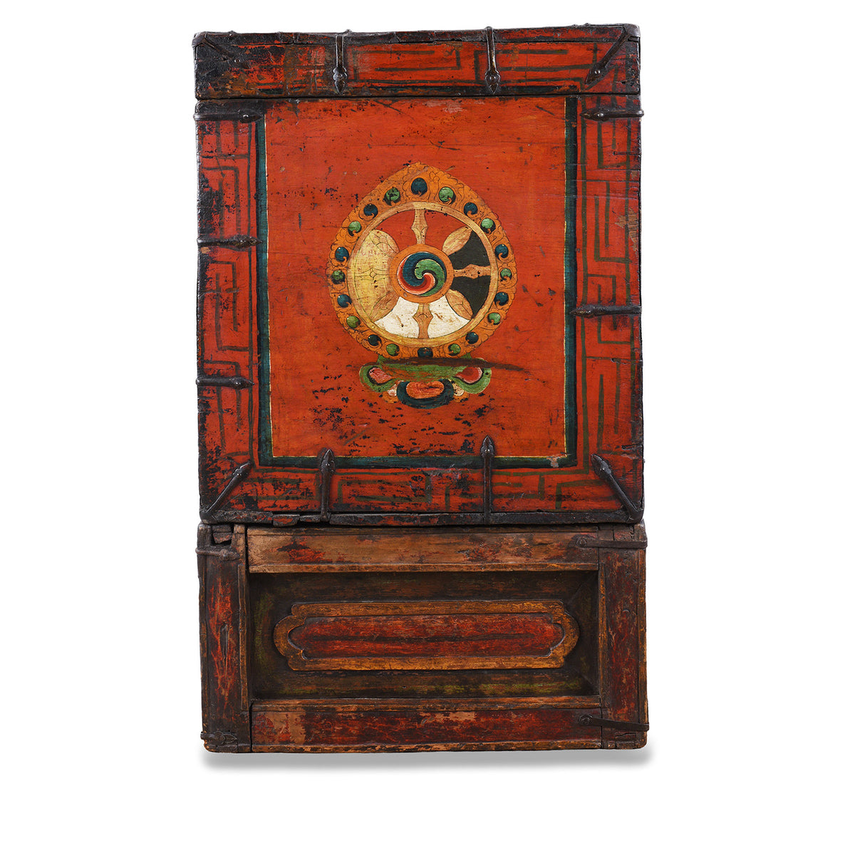 Side VIew Of Decorative Eighteenth Century Central Tibetan Monastic Chest With Three Jewels Motif And Original Stand | Indigo Antiques