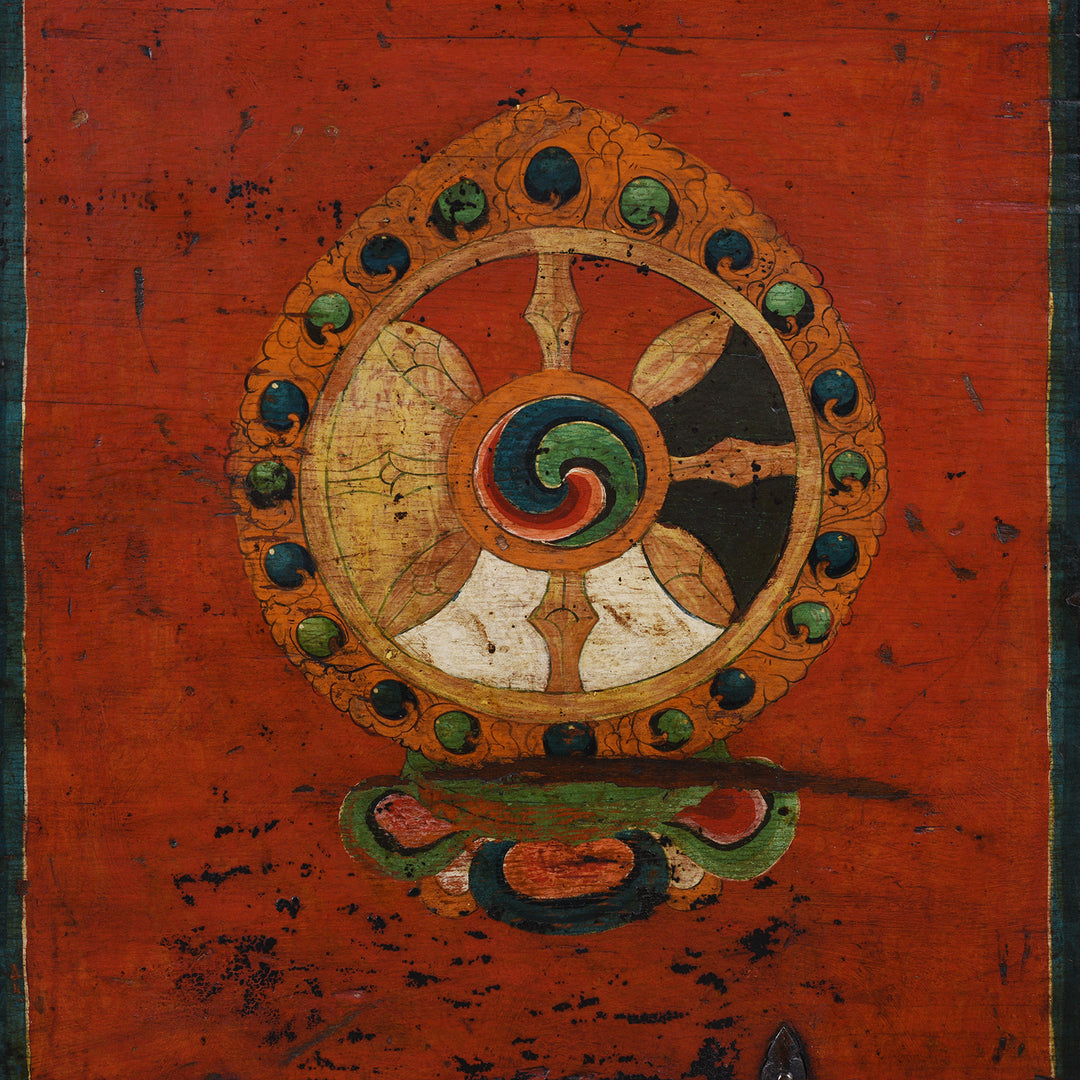 Design Detail From Side Of Decorative Eighteenth Century Central Tibetan Monastic Chest With Three Jewels Motif And Original Stand | Indigo Antiques