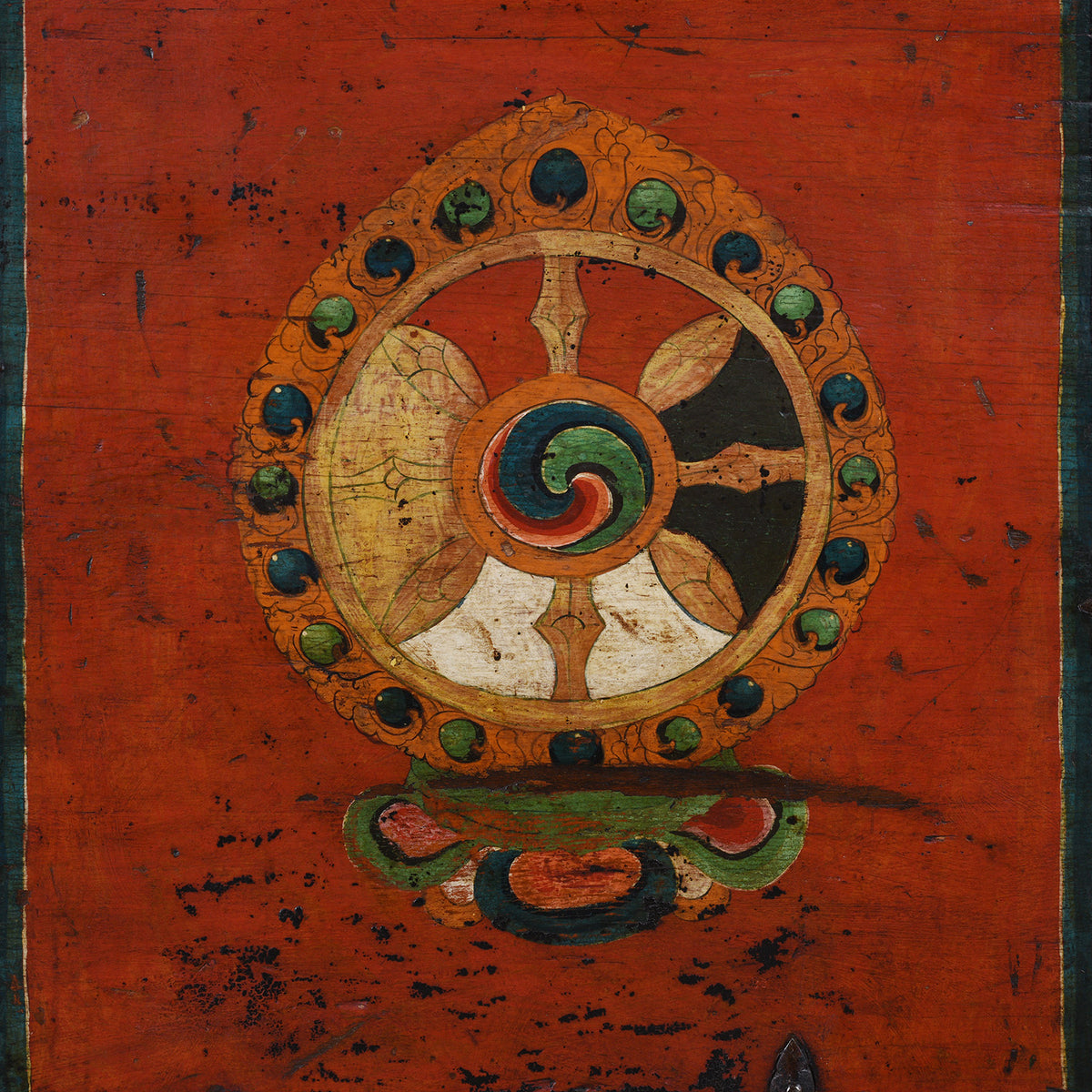Design Detail From Side Of Decorative Eighteenth Century Central Tibetan Monastic Chest With Three Jewels Motif And Original Stand | Indigo Antiques