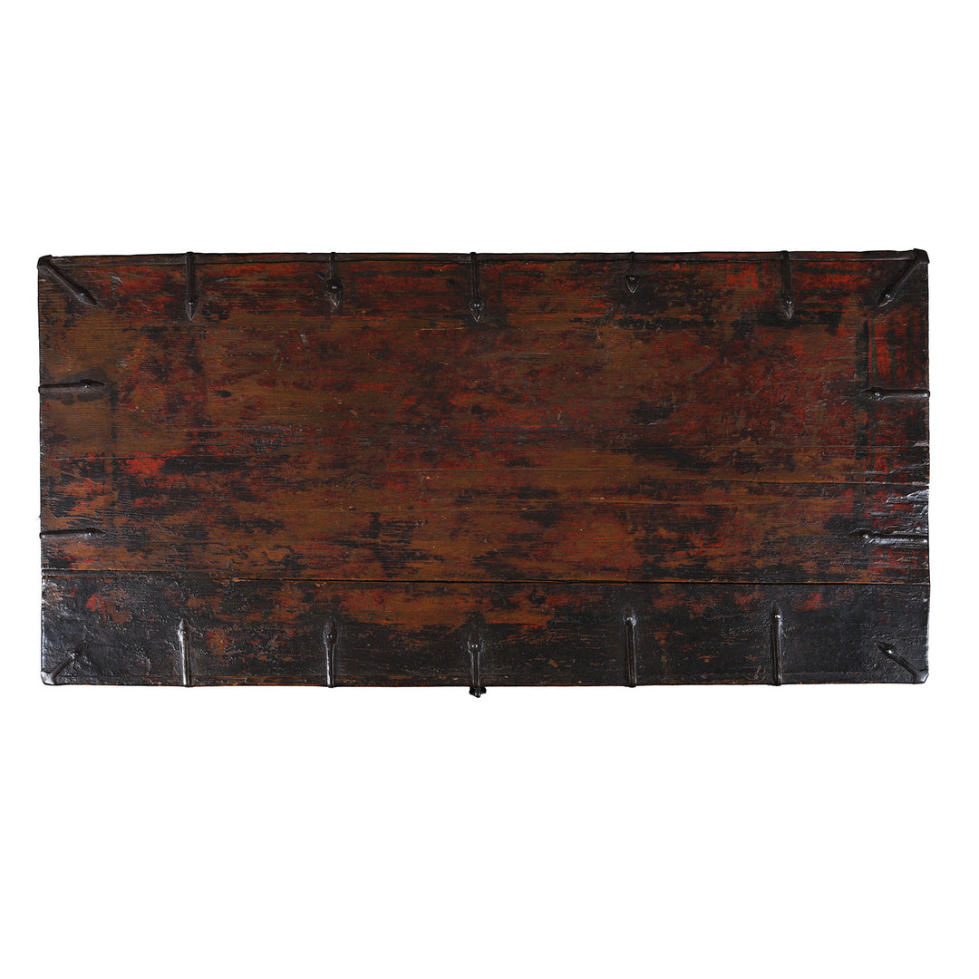 Top Down View Of Decorative Eighteenth Century Central Tibetan Monastic Chest With Three Jewels Motif And Original Stand | Indigo Antiques