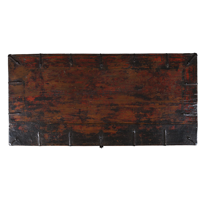 Top Down View Of Decorative Eighteenth Century Central Tibetan Monastic Chest With Three Jewels Motif And Original Stand | Indigo Antiques