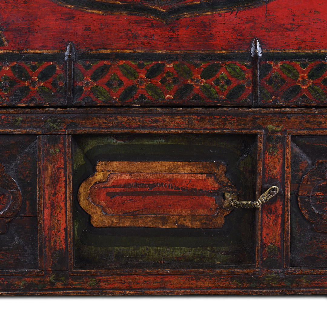 Lower Sliding Panel Detail From Decorative Eighteenth Century Central Tibetan Monastic Chest With Three Jewels Motif And Original Stand | Indigo Antiques