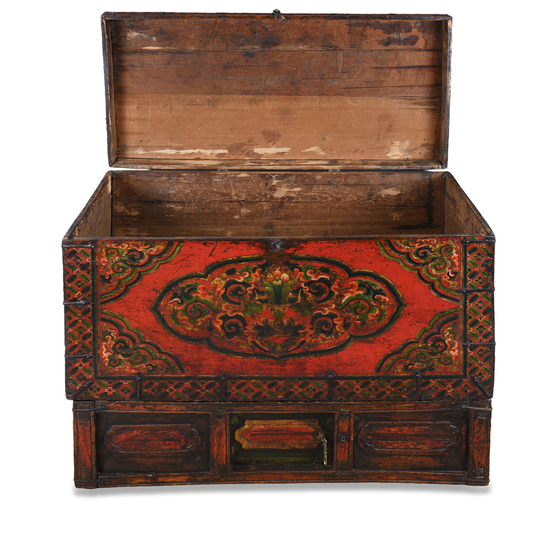 Open Lid View Of Decorative Eighteenth Century Central Tibetan Monastic Chest With Three Jewels Motif And Original Stand | Indigo Antiques