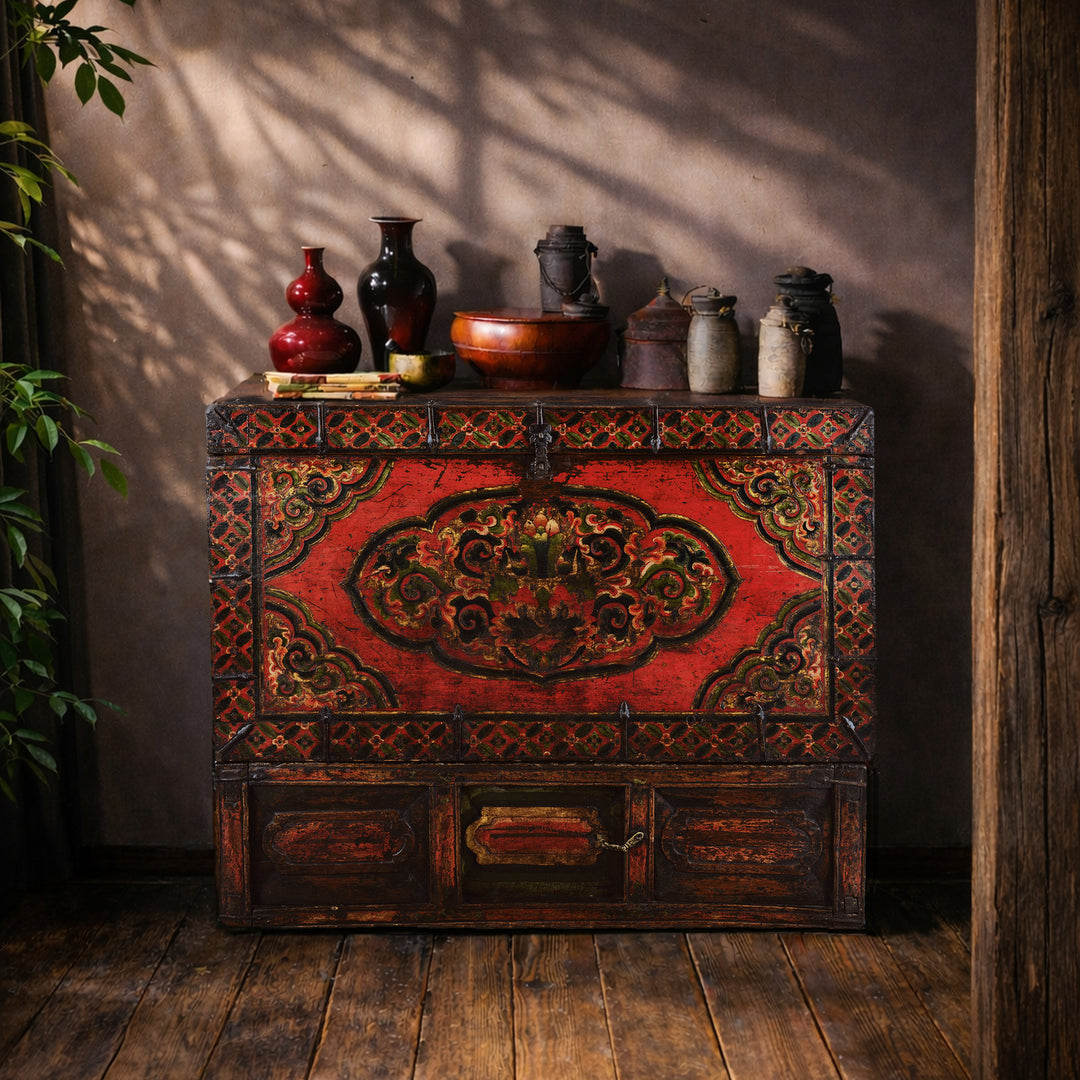 Decorative Eighteenth Century Central Tibetan Monastic Chest With Three Jewels Motif And Original Stand | Indigo Antiques