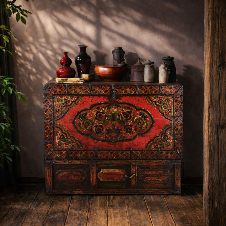 Decorative Eighteenth Century Central Tibetan Monastic Chest With Three Jewels Motif And Original Stand | Indigo Antiques