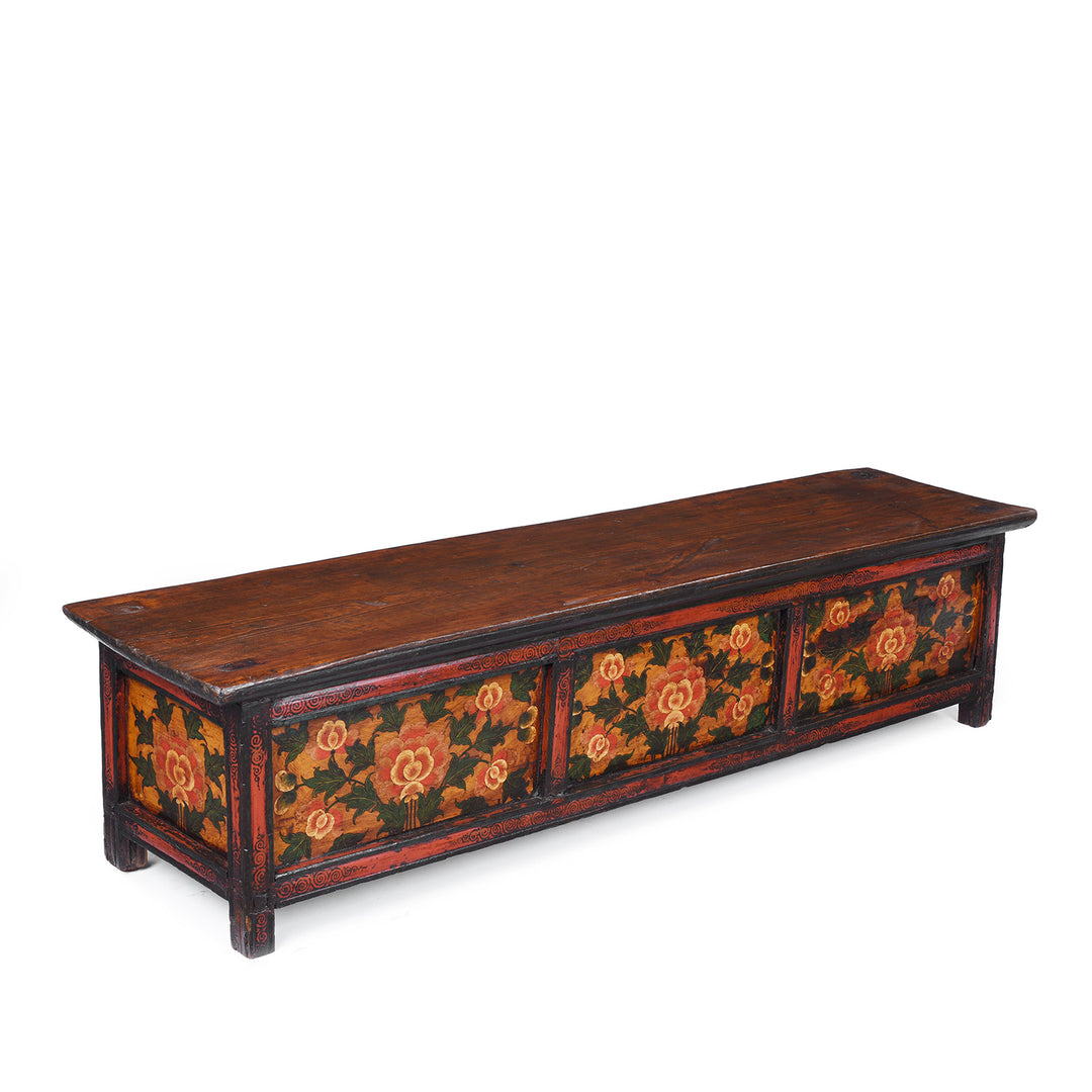 Angled View Of Antique Tibetan Painted Floral Choksar Prayer Table