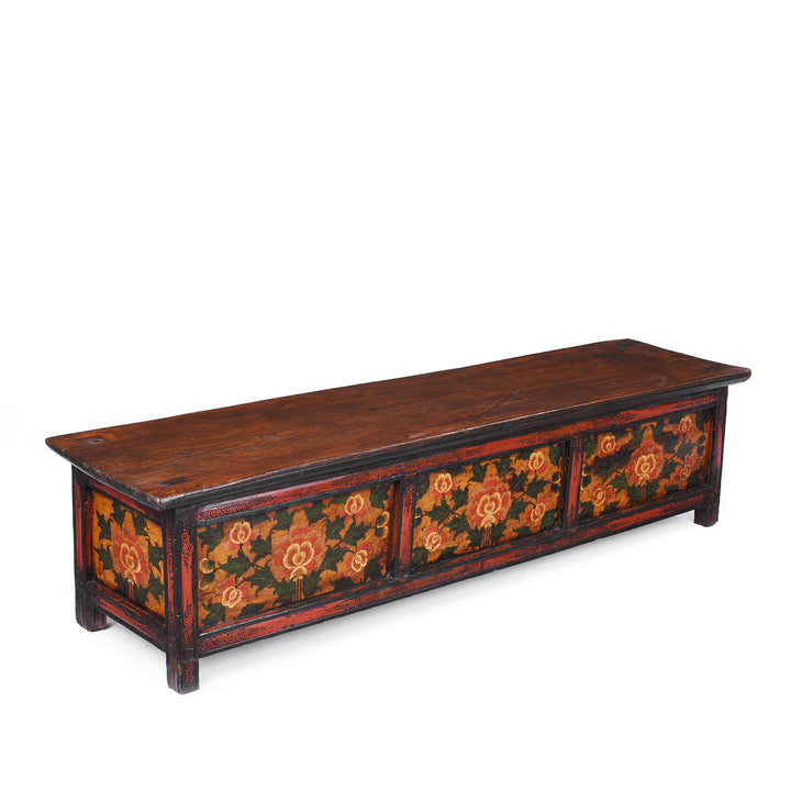 Angled View Of Antique Tibetan Painted Floral Choksar Prayer Table