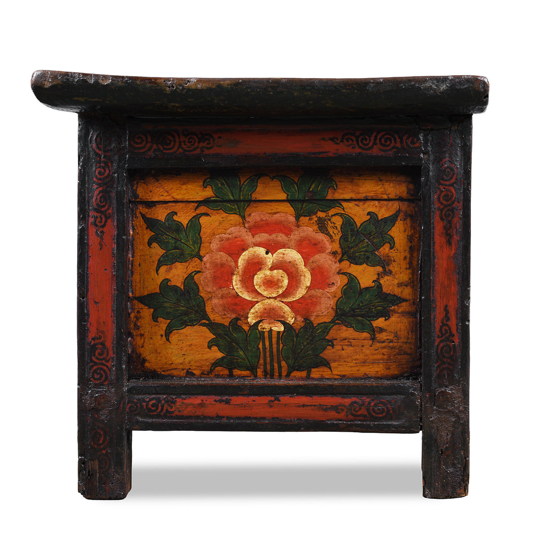 Side View Of Antique Tibetan Painted Floral Choksar Prayer Table