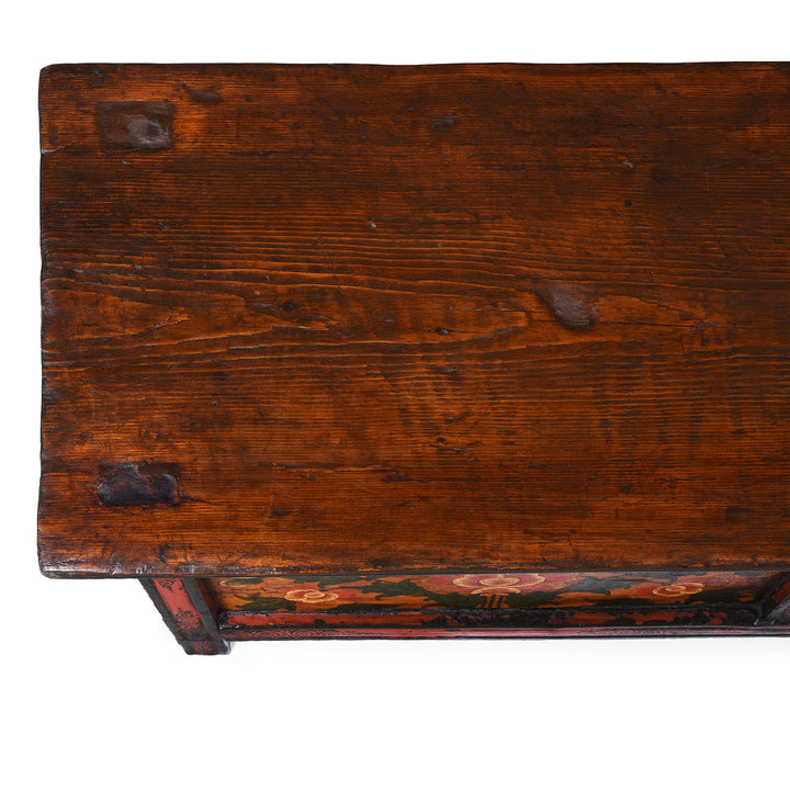 Surface Detail From Antique Tibetan Painted Floral Choksar Prayer Table