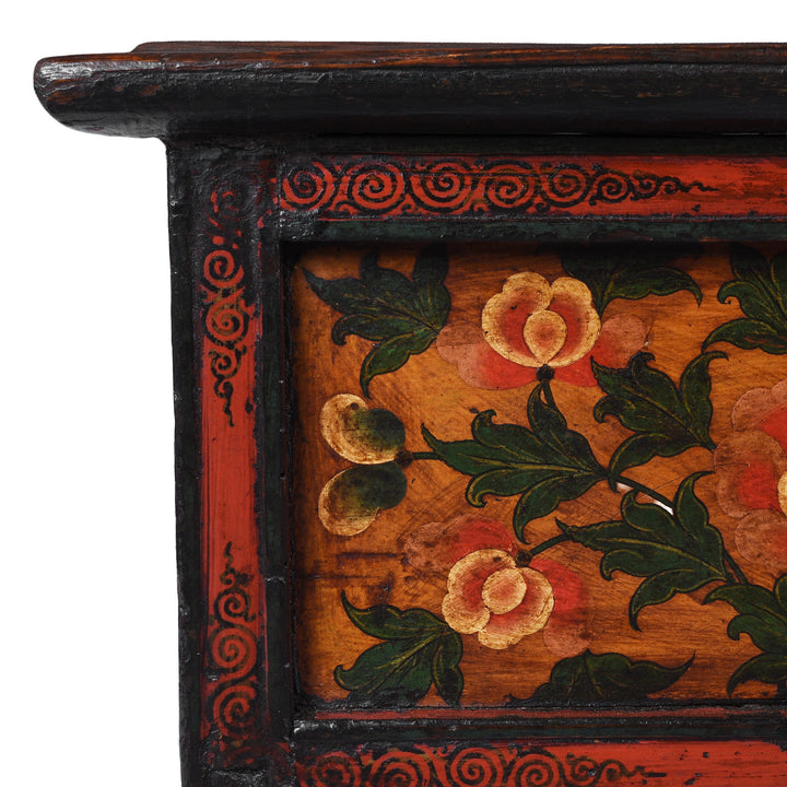 Corner Detail Showing Artwork On Antique Tibetan Painted Floral Choksar Prayer Table