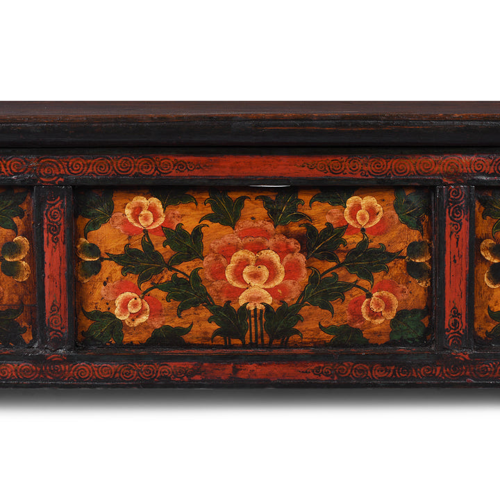 Paintwork Detail From Antique Tibetan Painted Floral Choksar Prayer Table