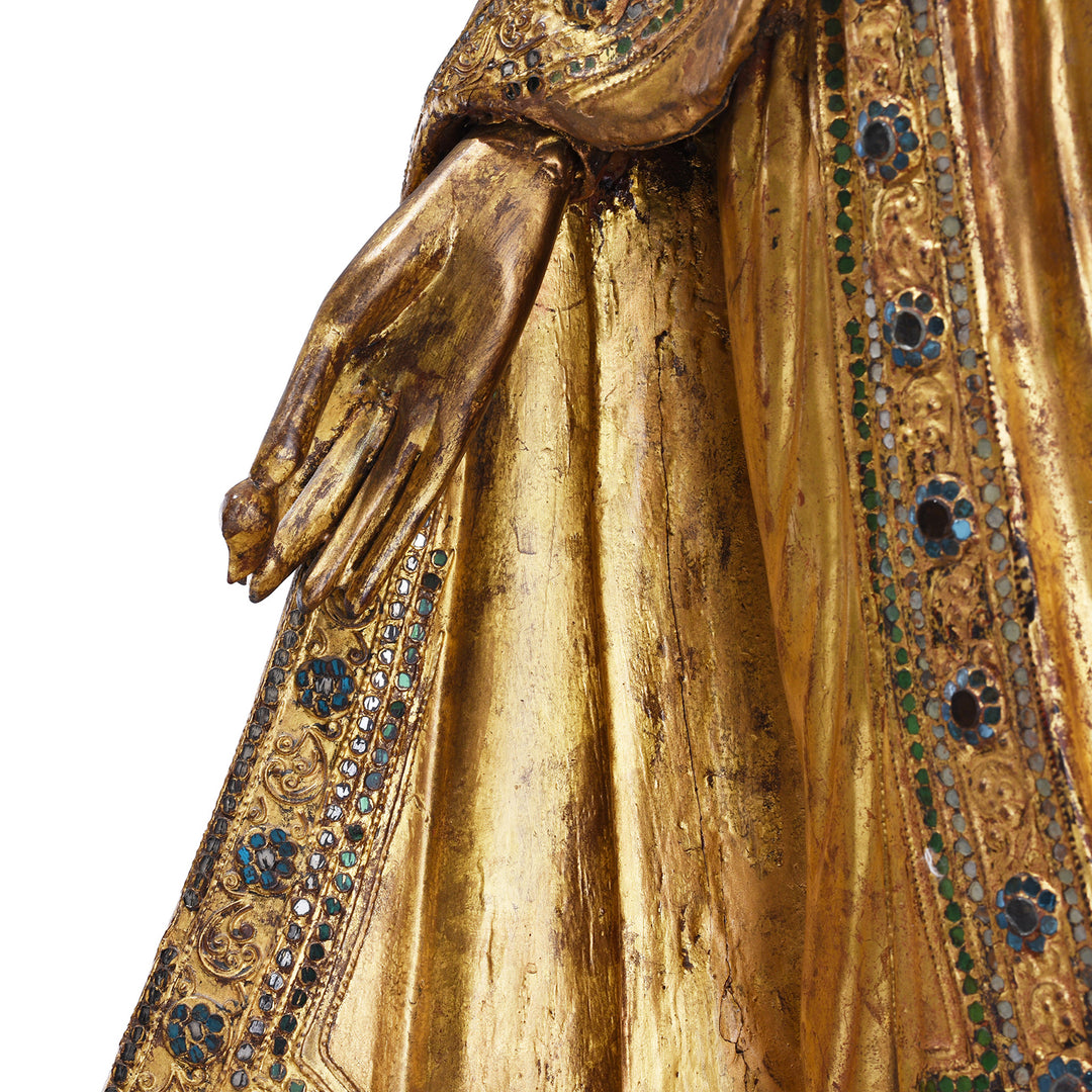 Hand Detail From Gilded Teak Standing Mandalay Buddha From Burma With Coloured Glass Inlay And Lotus Base | Indigo Antiques