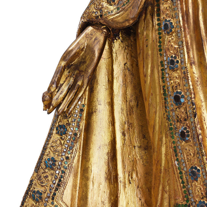 Hand Detail From Gilded Teak Standing Mandalay Buddha From Burma With Coloured Glass Inlay And Lotus Base | Indigo Antiques
