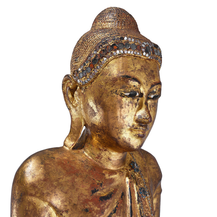 Face View Of Gilded Teak Standing Mandalay Buddha From Burma With Coloured Glass Inlay And Lotus Base | Indigo Antiques