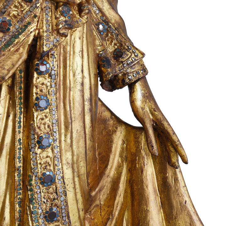 Hand Detail From Gilded Teak Standing Mandalay Buddha From Burma With Coloured Glass Inlay And Lotus Base | Indigo Antiques