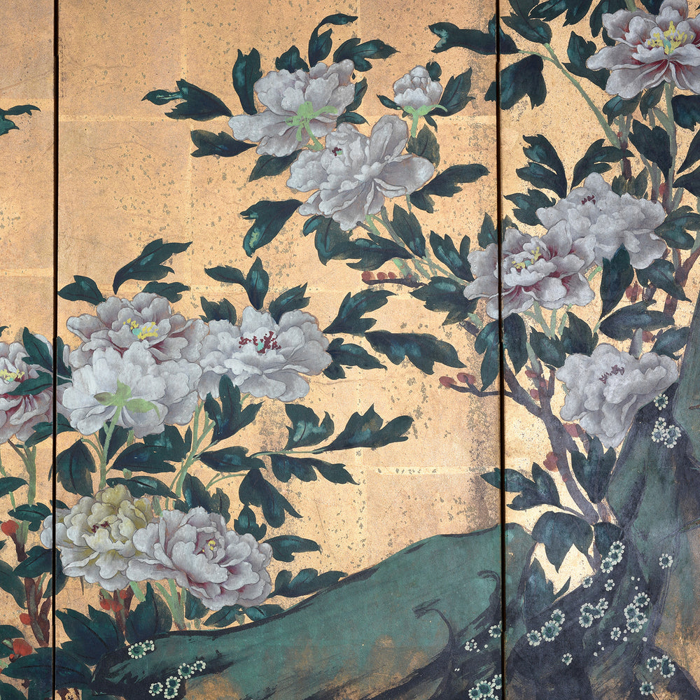 Artowork Detail From Gold Rinpa Style Six Fold Japanese Byōbu Screen With Peonies On Gold Leaf Ground And Detailed Brocade Border | Indigo Antiques