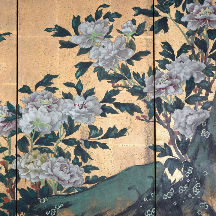 Artowork Detail From Gold Rinpa Style Six Fold Japanese Byōbu Screen With Peonies On Gold Leaf Ground And Detailed Brocade Border | Indigo Antiques