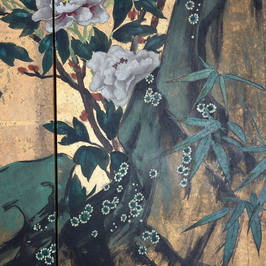 Artowrk Detail From Gold Rinpa Style Six Fold Japanese Byōbu Screen With Peonies On Gold Leaf Ground And Detailed Brocade Border | Indigo Antiques