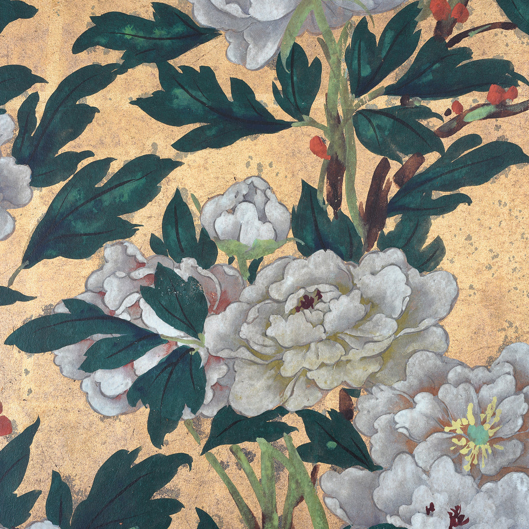 Artwork Detail From Gold Rinpa Style Six Fold Japanese Byōbu Screen With Peonies On Gold Leaf Ground And Detailed Brocade Border | Indigo Antiques