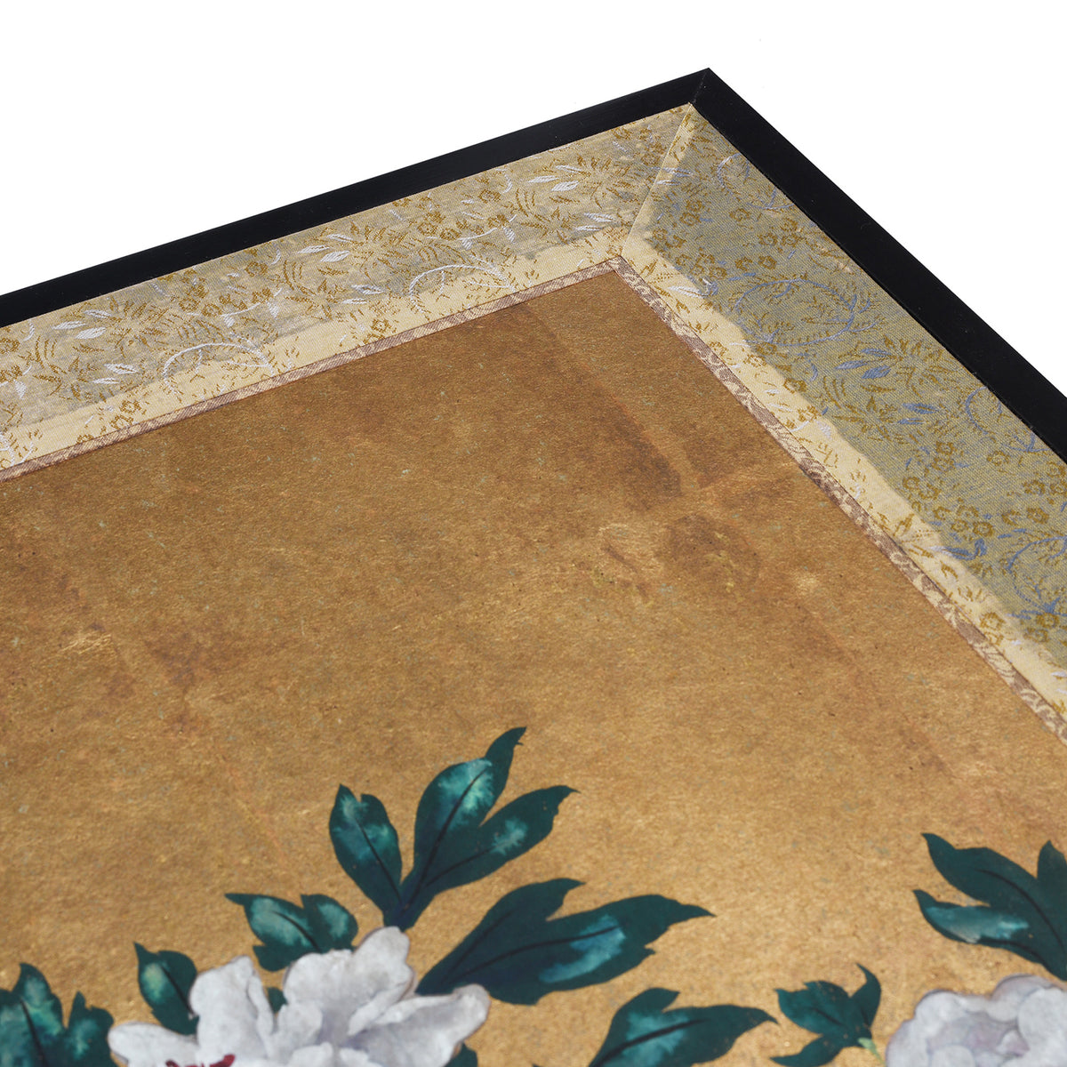 Corner Detail From Gold Rinpa Style Six Fold Japanese Byōbu Screen With Peonies On Gold Leaf Ground And Detailed Brocade Border | Indigo Antiques