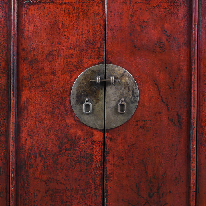 Locking Plate Detail From Antique 19th Century Qing Dynasty Shanxi Red Lacquer Wedding Cabinet In Original Peking Red With Brass Lock Plate | Indigo Antiques
