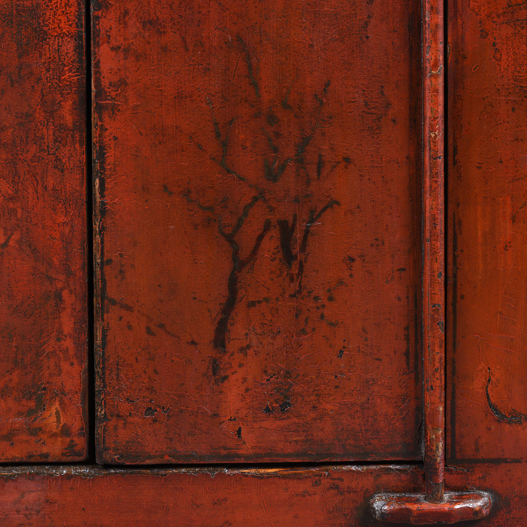 Old Artwork Detail From Antique 19th Century Qing Dynasty Shanxi Red Lacquer Wedding Cabinet In Original Peking Red With Brass Lock Plate | Indigo Antiques