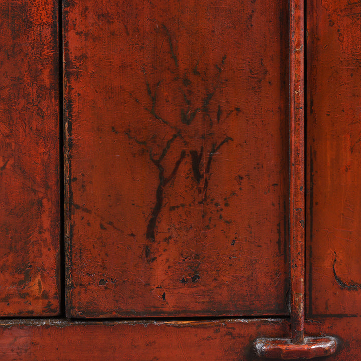 Old Artwork Detail From Antique 19th Century Qing Dynasty Shanxi Red Lacquer Wedding Cabinet In Original Peking Red With Brass Lock Plate | Indigo Antiques