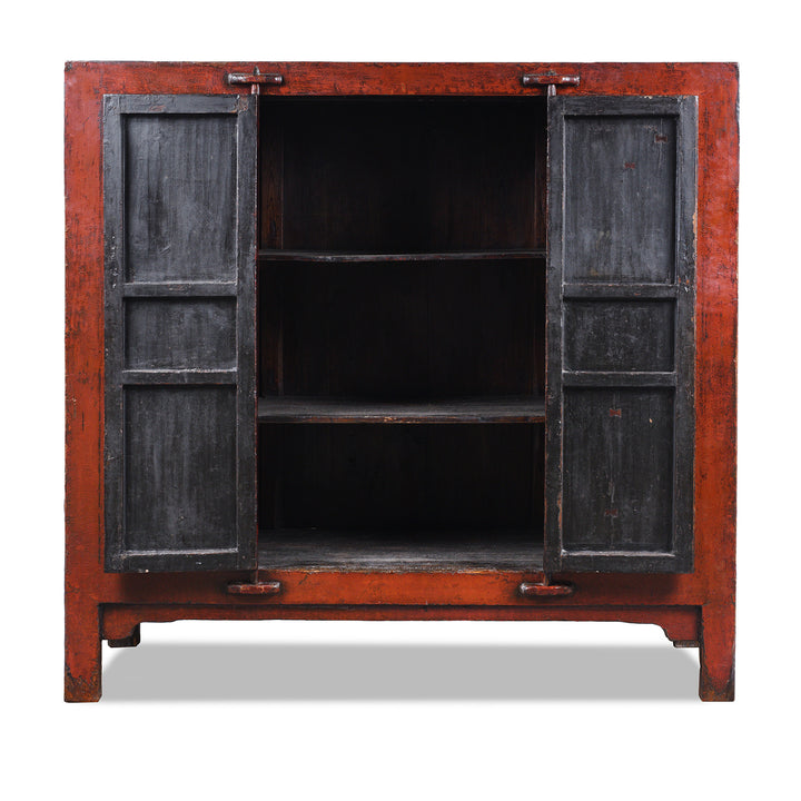 Open Doors VIew Of Antique 19th Century Qing Dynasty Shanxi Red Lacquer Wedding Cabinet In Original Peking Red With Brass Lock Plate | Indigo Antiques
