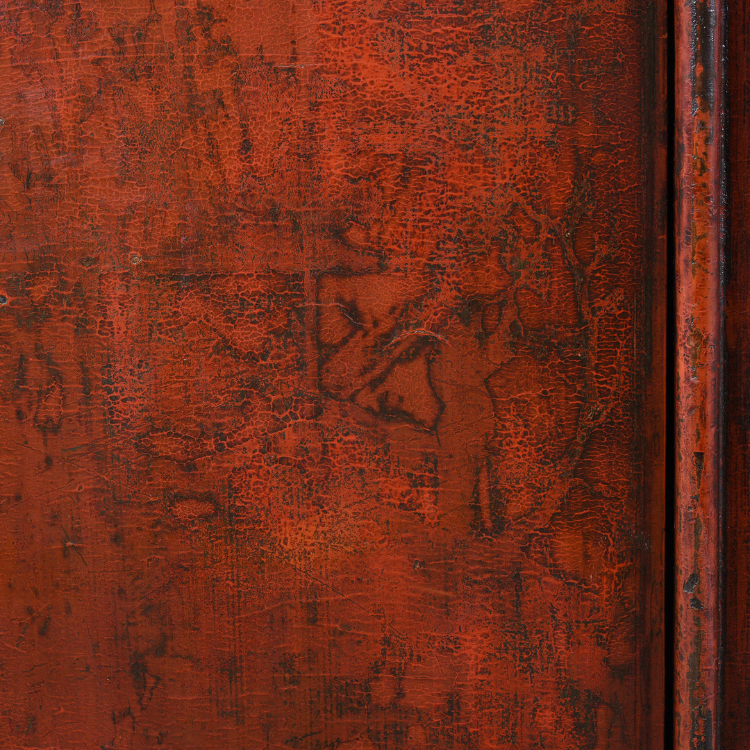 Old Artowrk Detail From Antique 19th Century Qing Dynasty Shanxi Red Lacquer Wedding Cabinet In Original Peking Red With Brass Lock Plate | Indigo Antiques
