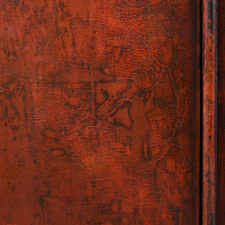 Old Artowrk Detail From Antique 19th Century Qing Dynasty Shanxi Red Lacquer Wedding Cabinet In Original Peking Red With Brass Lock Plate | Indigo Antiques
