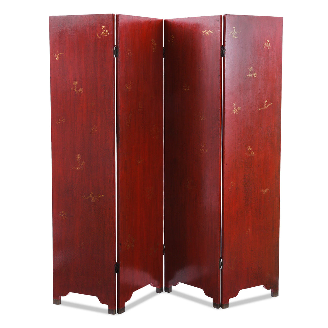Back Of Chinese Export Red Lacquer Folding Screen With Gilt Figures And Floral Decoration | Indigo Antiques